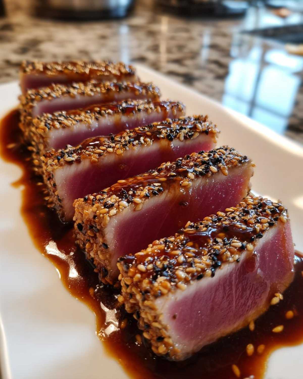 Close-up of perfectly seared Ahi Tuna slices coated in sesame seeds and drizzled with dark sauce.