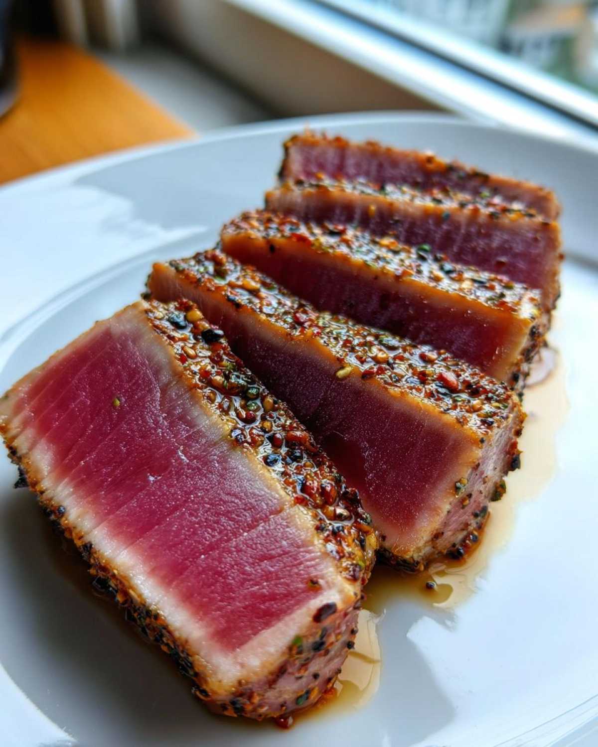 Four slices of perfectly seared tuna steak showing a rare, deep red center and a sesame seed crust, ideal for a MARINADE FOR TUNA STEAK.