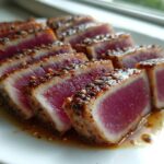 Slices of perfectly seared tuna steak, rare in the center, seasoned with a sesame crust, showing the amazing MARINADE FOR TUNA STEAK.