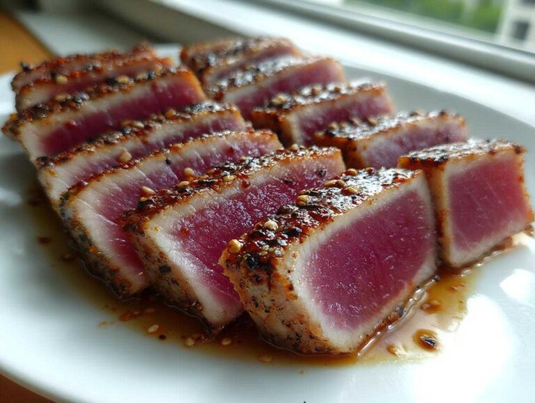 Slices of perfectly seared tuna steak, rare in the center, seasoned with a sesame crust, showing the amazing MARINADE FOR TUNA STEAK.