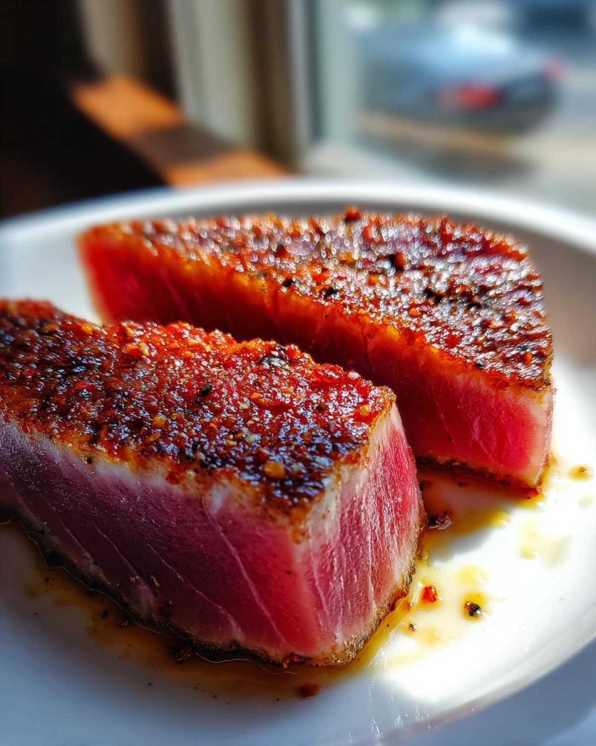 Two perfectly seared tuna steaks showing a rare, bright red center and a heavily spiced crust from the MARINADE FOR TUNA STEAK.