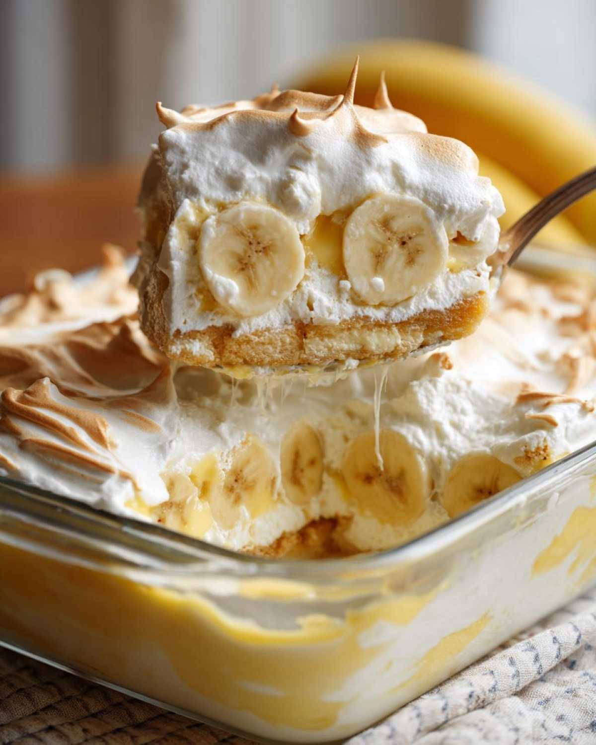 A spoonful of layered banana pudding with toasted meringue being lifted from a glass dish.
