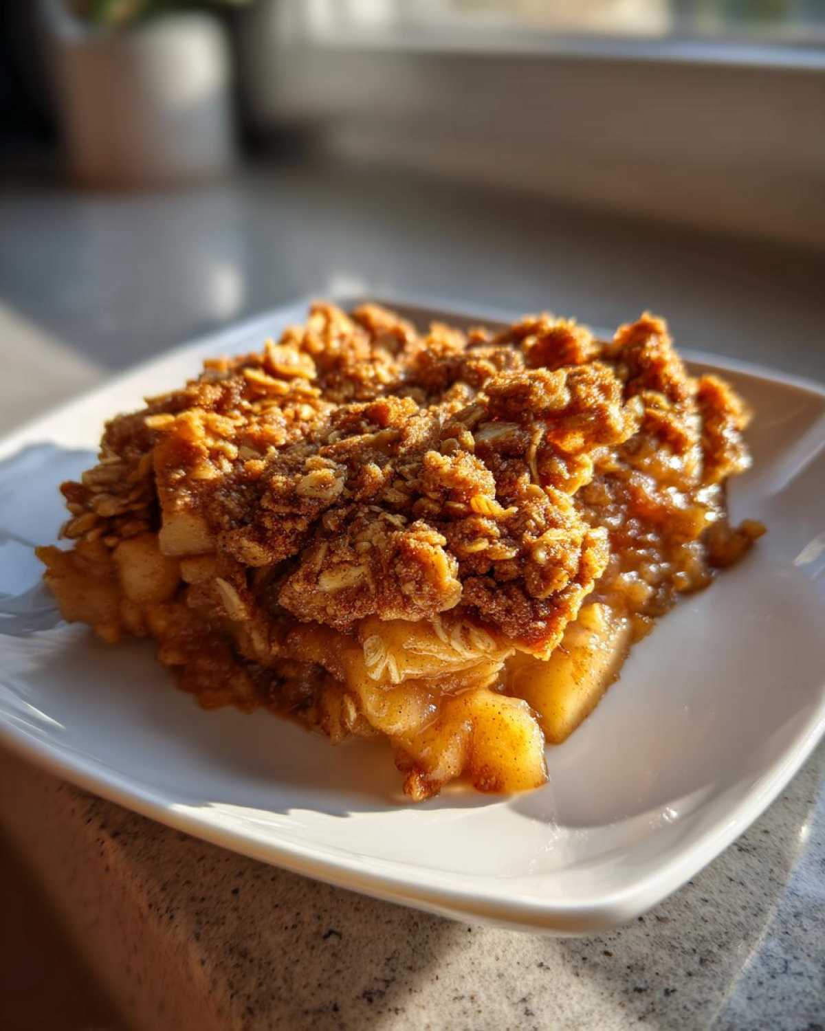 A square serving of warm apple crisp recipe with a thick, crunchy oat topping on a white plate.