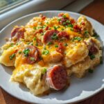 A close-up of a serving of pierogi casserole topped with melted cheddar cheese, sliced sausage, and fresh chives.