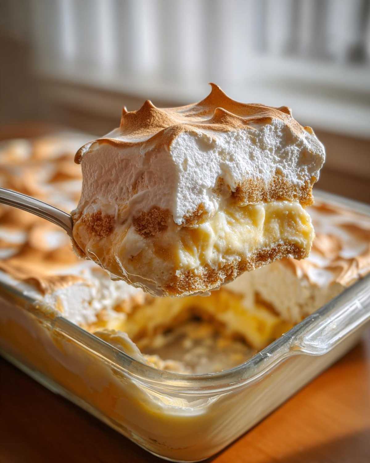 A spoonful of creamy banana pudding with toasted meringue topping being lifted from a glass dish.