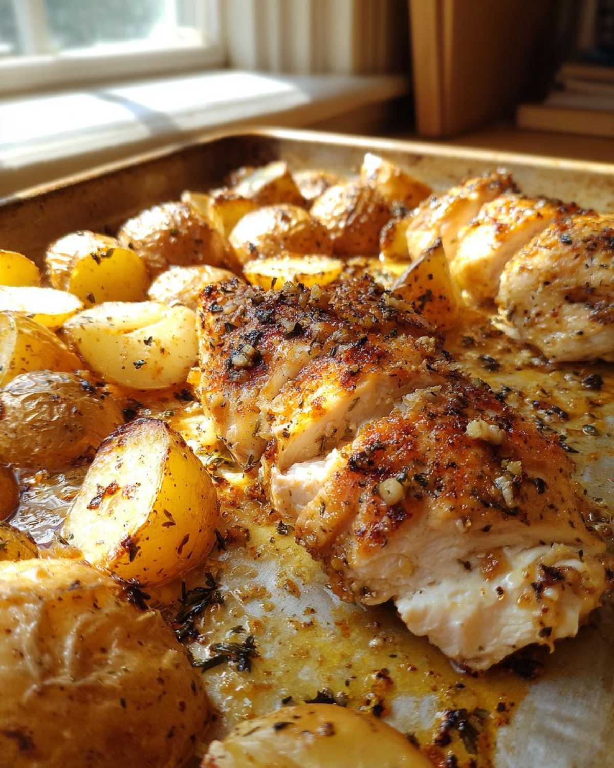 Close-up of sliced garlic parmesan chicken and roasted potatoes glistening in pan juices on a sheet pan.