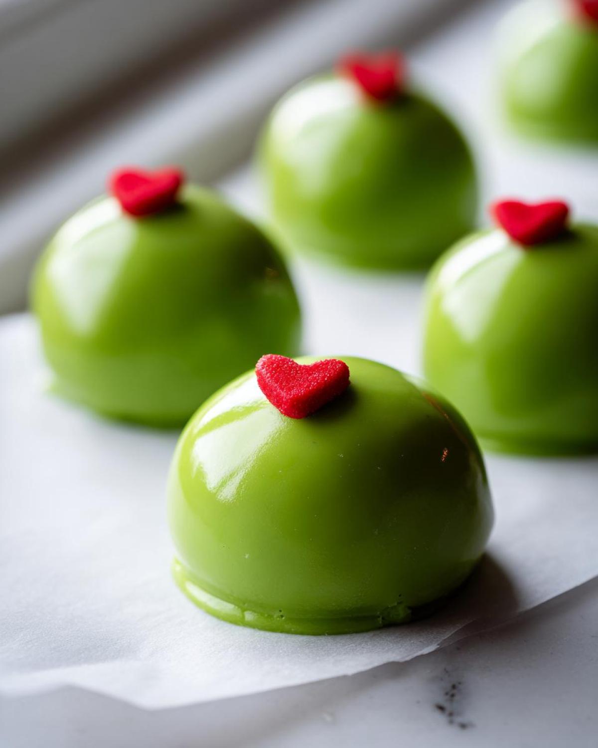 Close-up of shiny, bright green Grinch Oreo Balls topped with a small red heart sprinkle.