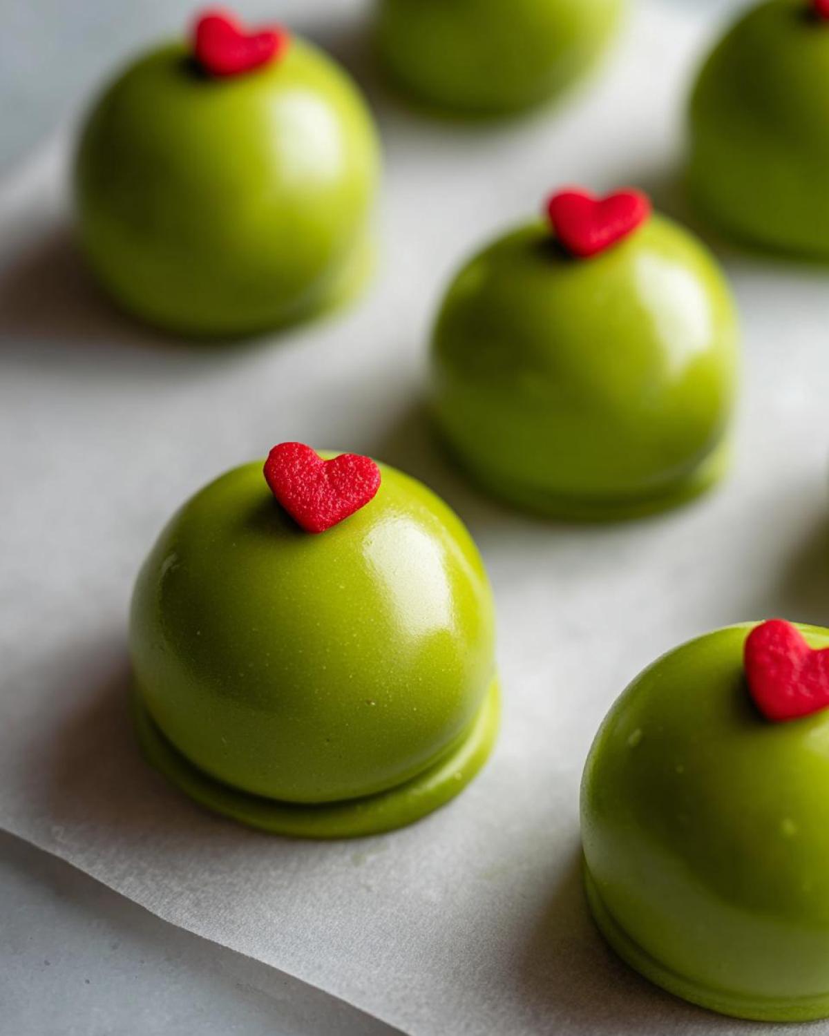 Close-up of shiny, bright green Grinch Oreo Balls topped with a small red heart candy.