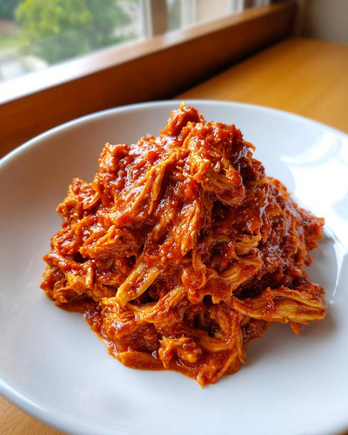 Close-up of rich, shredded chicken tinga in a tangy red sauce piled high on a white plate.