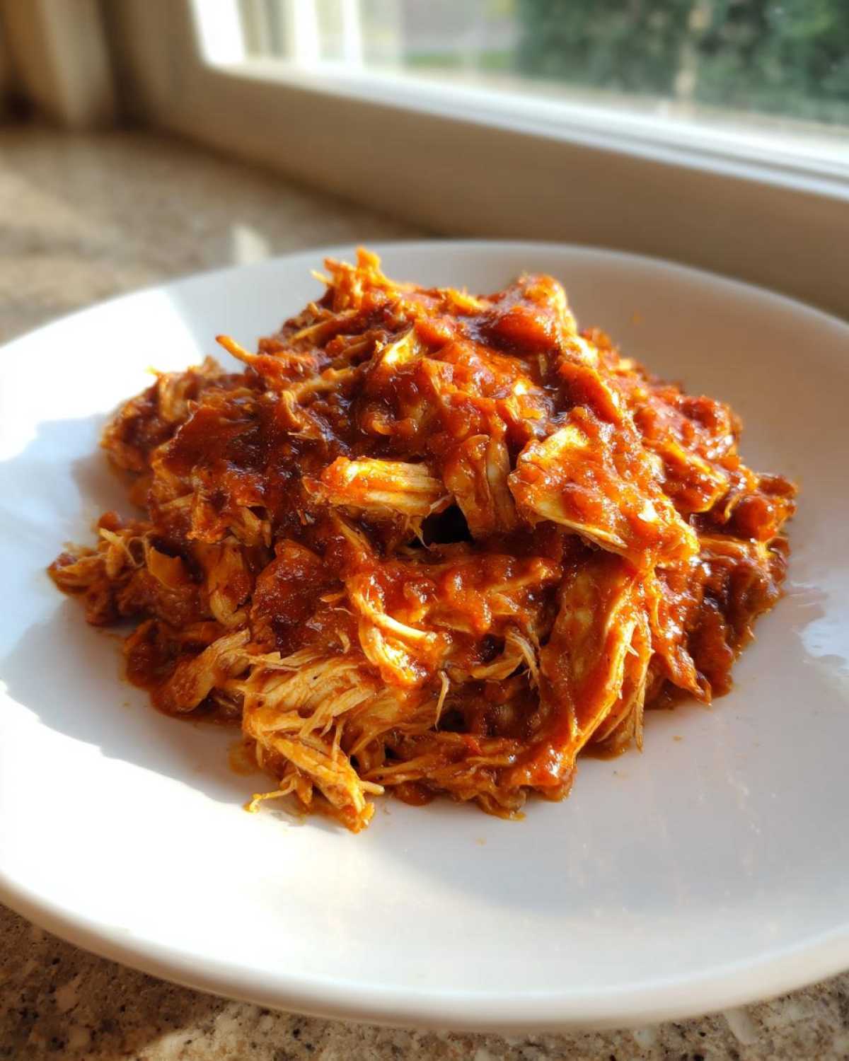 A close-up of shredded chicken tinga coated in rich, red sauce, served on a white plate near a window.