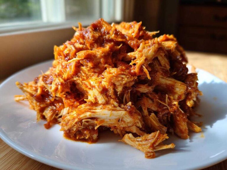 Close-up of a mound of saucy, shredded chicken tinga piled high on a white plate.