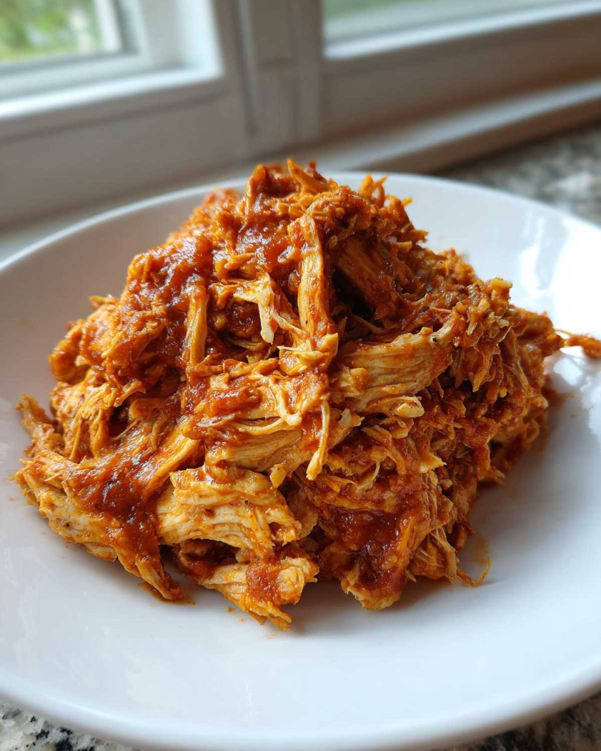 Close-up of shredded chicken tinga coated in rich, red sauce, served in a white bowl.