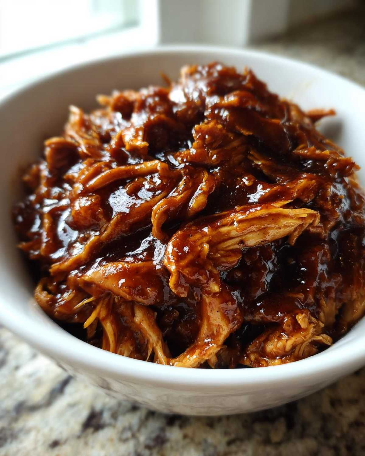 Close-up of shredded crockpot teriyaki chicken coated in thick, glossy sauce served in a white bowl.