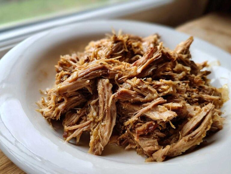 Close-up of tender, shredded pork and sauerkraut mixture served in a white bowl.