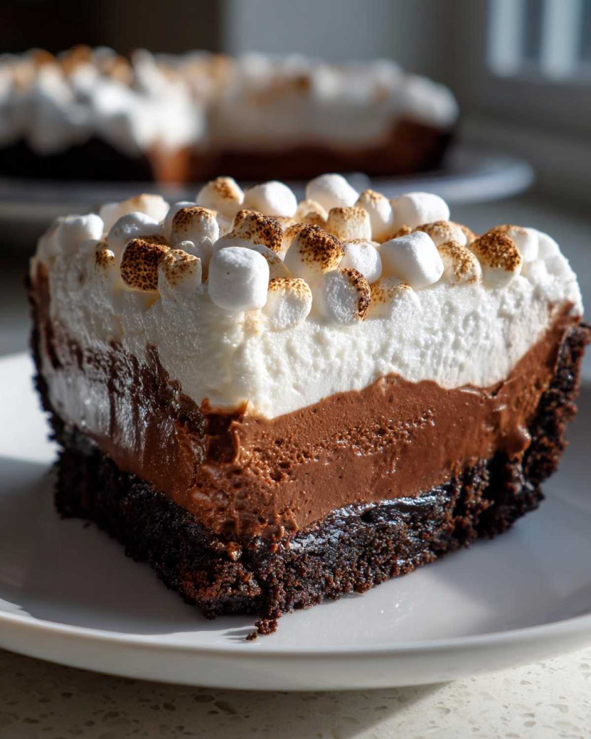 Close-up of a slice of 5-layer mud pie showing chocolate crust, mousse, whipped topping, and toasted marshmallows.