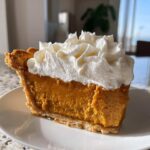 A thick slice of rich, orange butterscotch pie topped generously with fluffy white whipped cream.