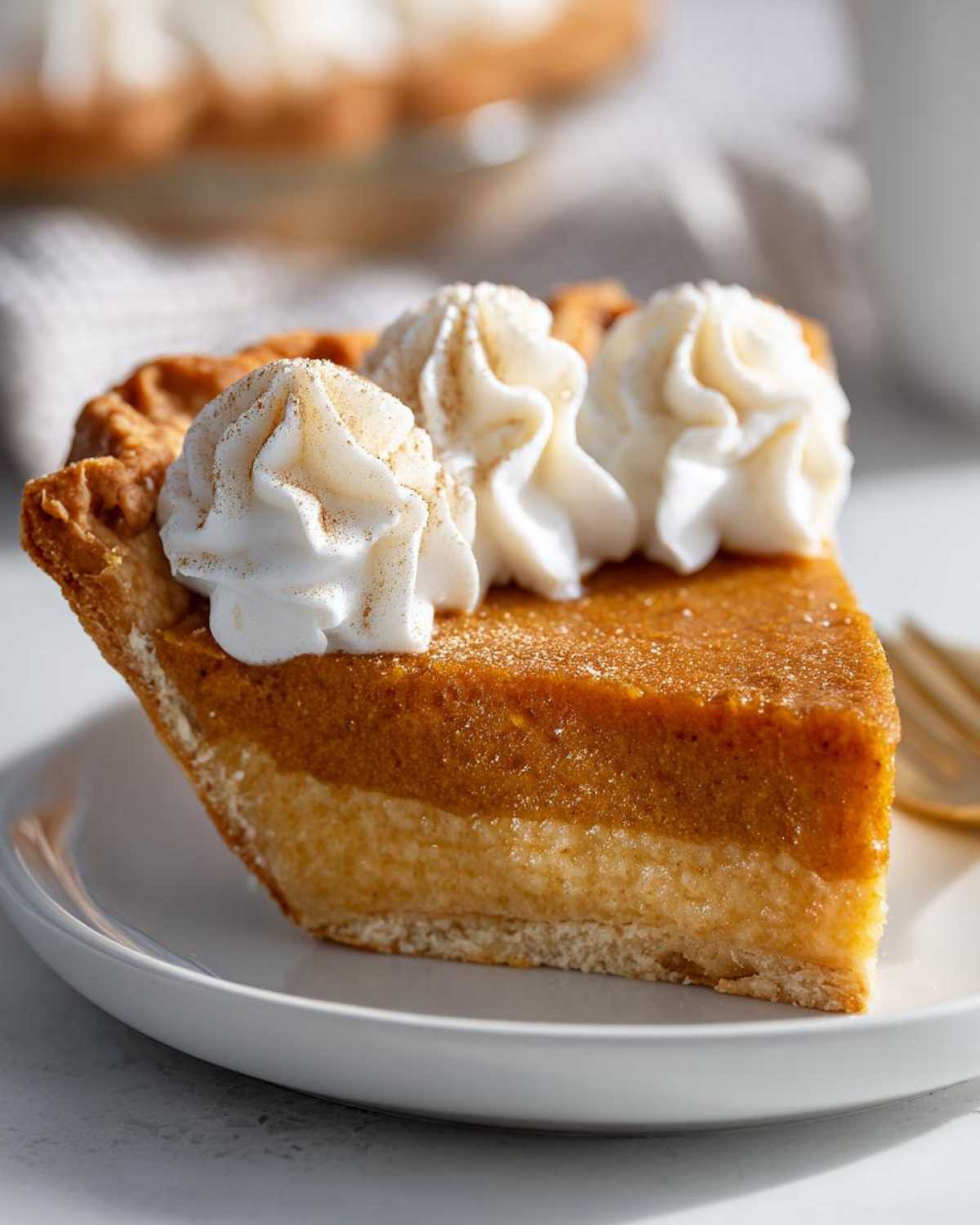 Close-up of a slice of rich butterscotch pie with two layers and topped with whipped cream swirls.
