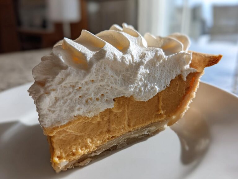 A close-up slice of rich, orange-hued butterscotch pie topped generously with piped white whipped cream.