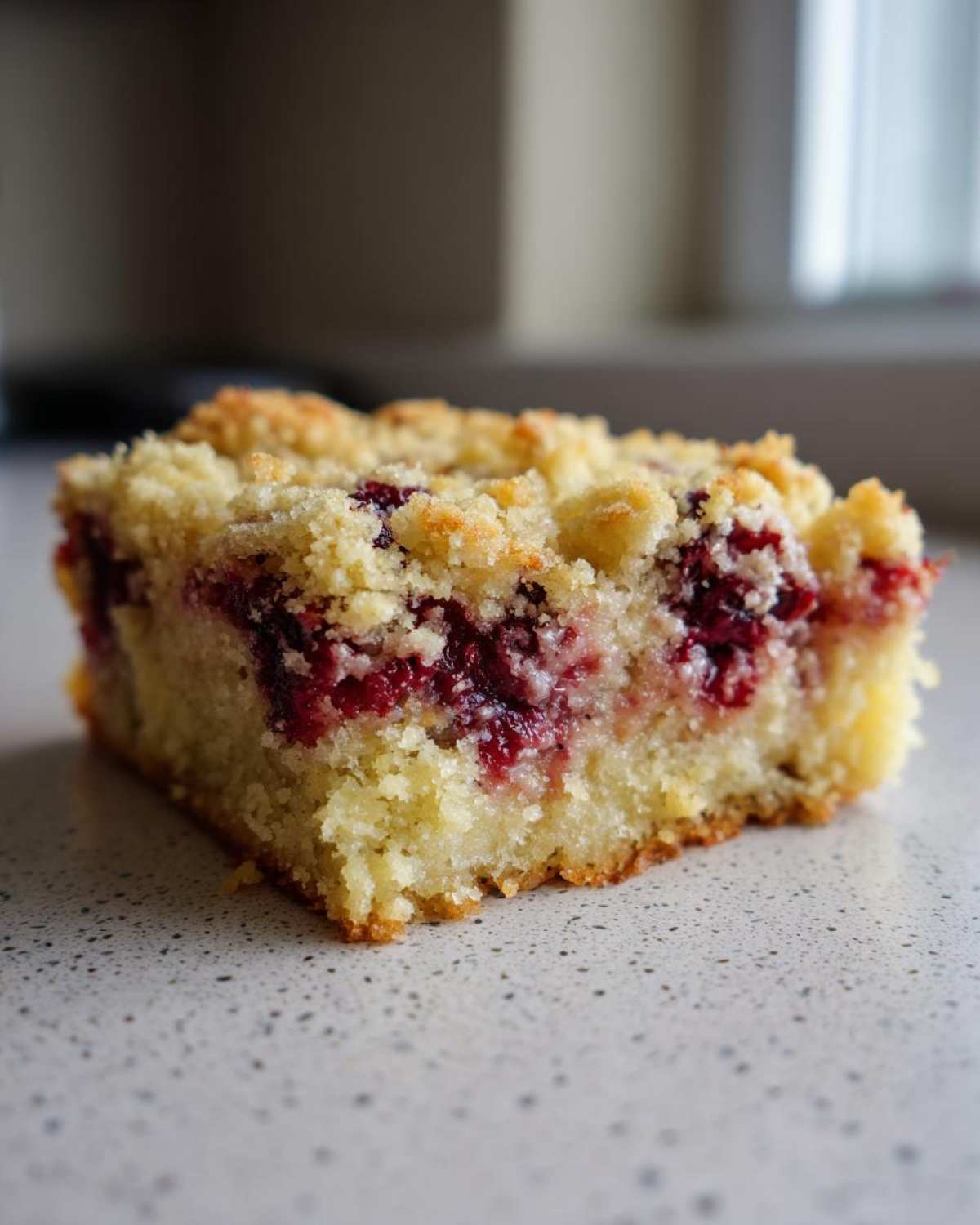 Close-up of a square slice of cherry dump cake showing the moist cake base, bright red cherry filling, and golden crumb topping.