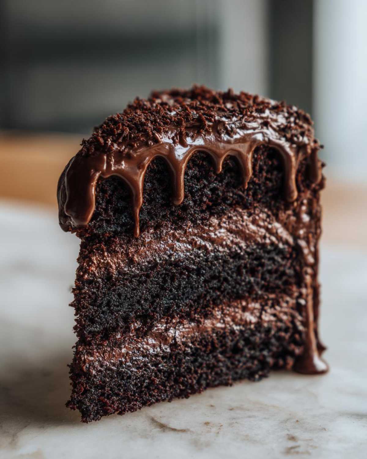 Close-up of a moist slice of chocolate fudge cake with thick layers and rich chocolate drip icing.