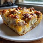 A close-up of a hearty slice of Christmas breakfast casserole featuring bread, sausage, and melted, browned cheese.