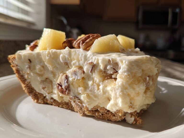 A close-up slice of creamy million dollar pie featuring pineapple chunks and pecans in a graham cracker crust.