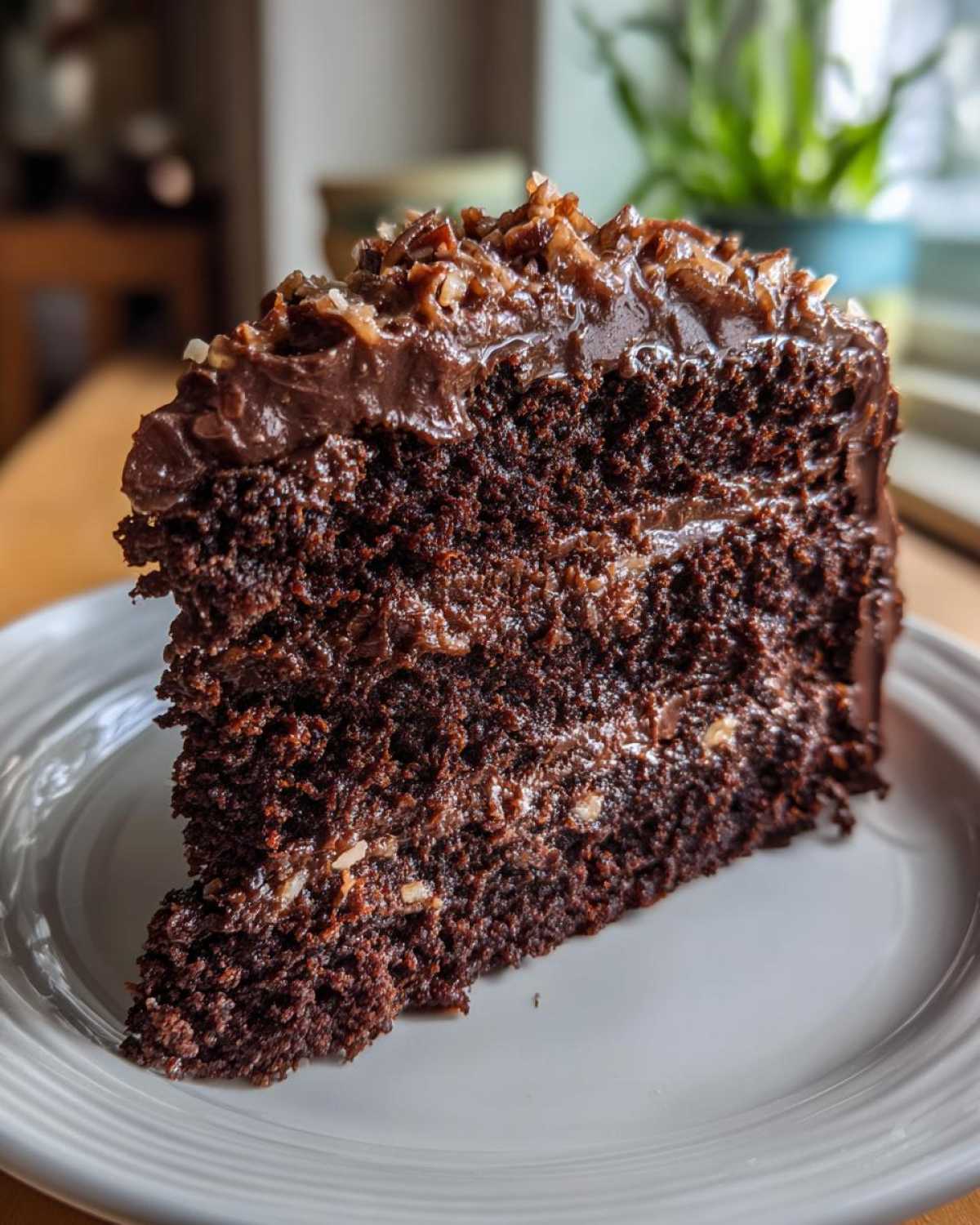 Close-up of a moist slice of german chocolate cake recipe, showing dark layers and coconut pecan frosting.