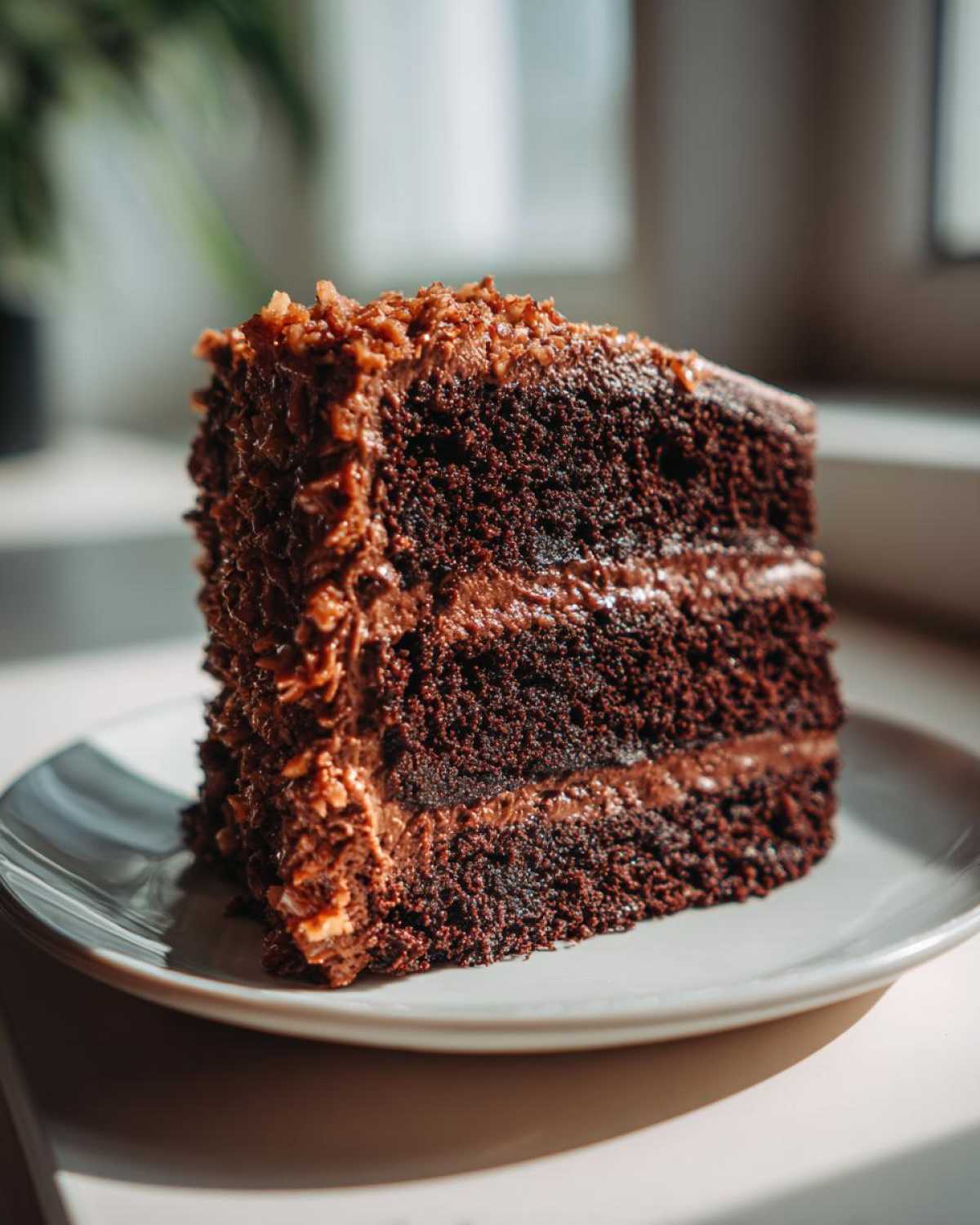 A tall, decadent slice of german chocolate cake recipe with three dark layers and coconut pecan frosting.