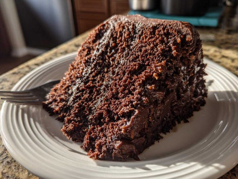 A generous slice of moist german chocolate cake recipe covered in dark, textured frosting on a white plate.