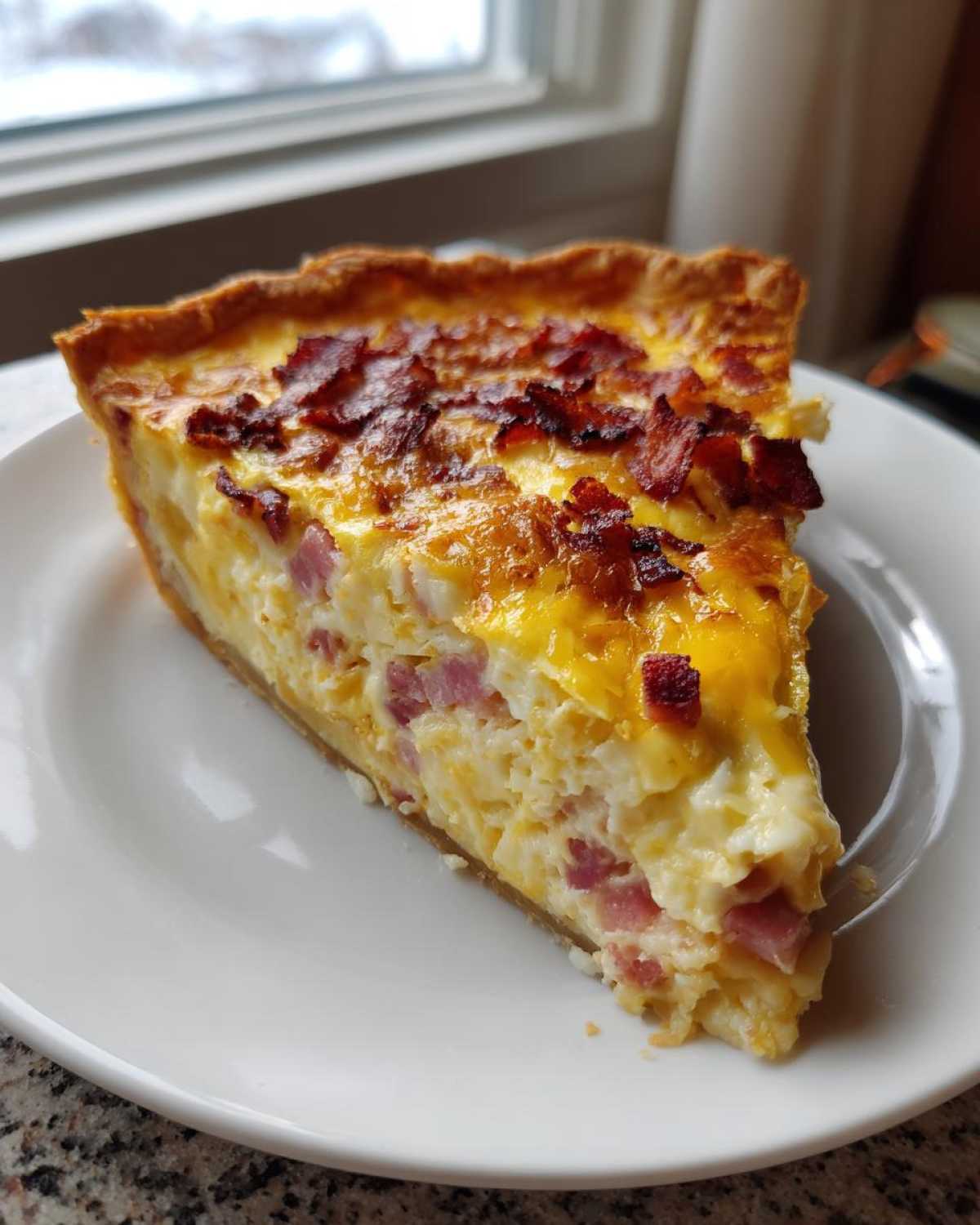 A thick slice of golden Ham and cheese quiche with visible ham chunks and bacon bits on top, served on a white plate.