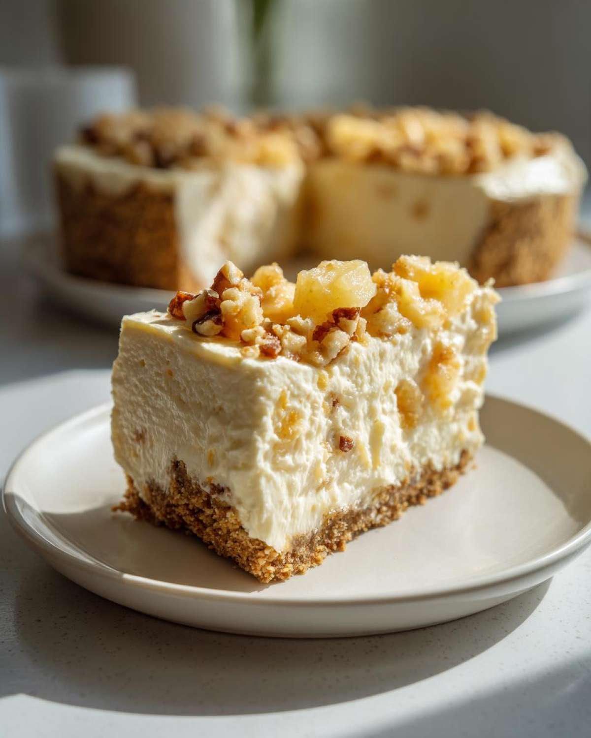A close-up slice of creamy million dollar pie with a graham cracker crust and a topping of nuts and pineapple chunks.