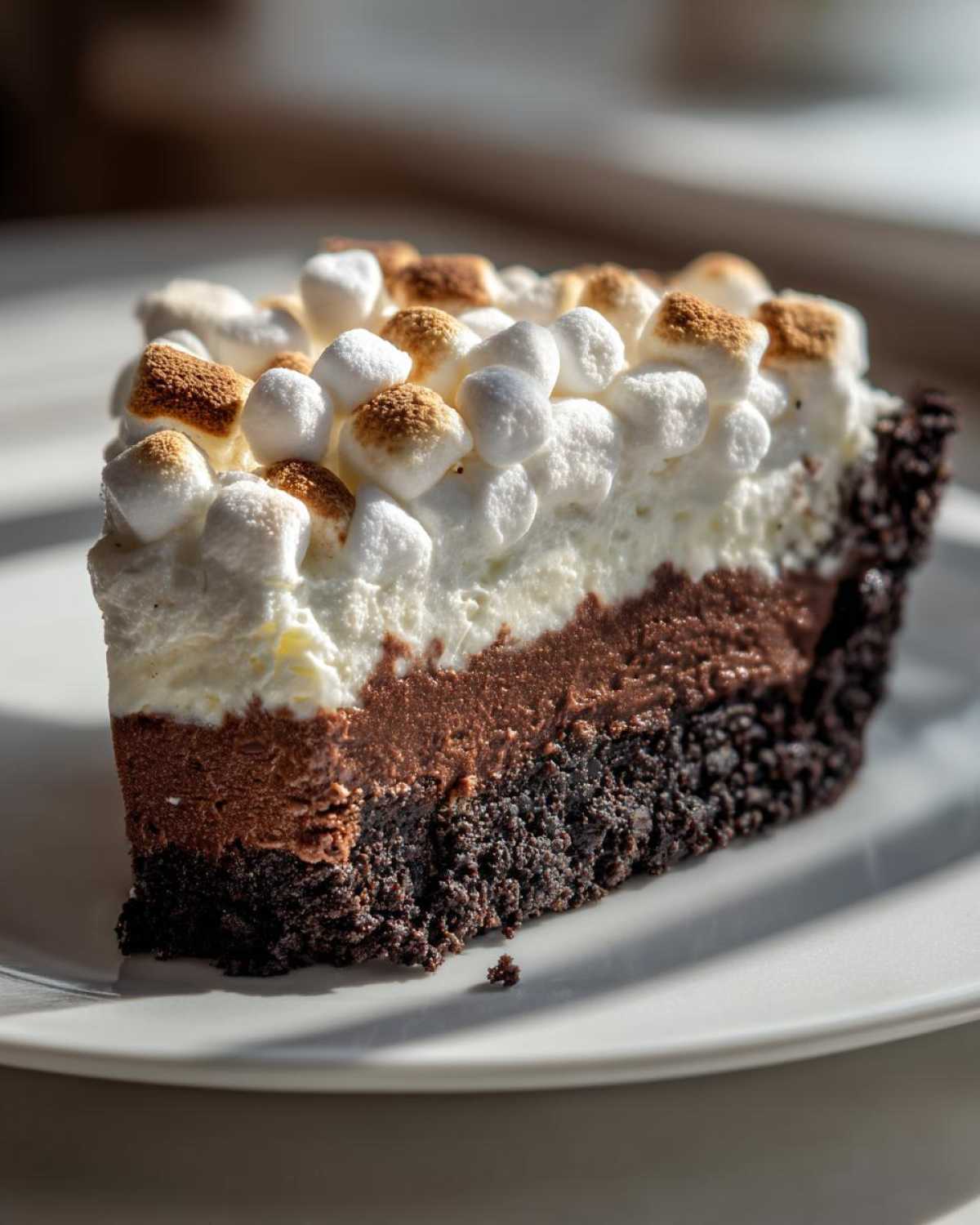 A decadent slice of 5-layer mud pie showing a dark crust, chocolate mousse, white topping, and toasted mini marshmallows.