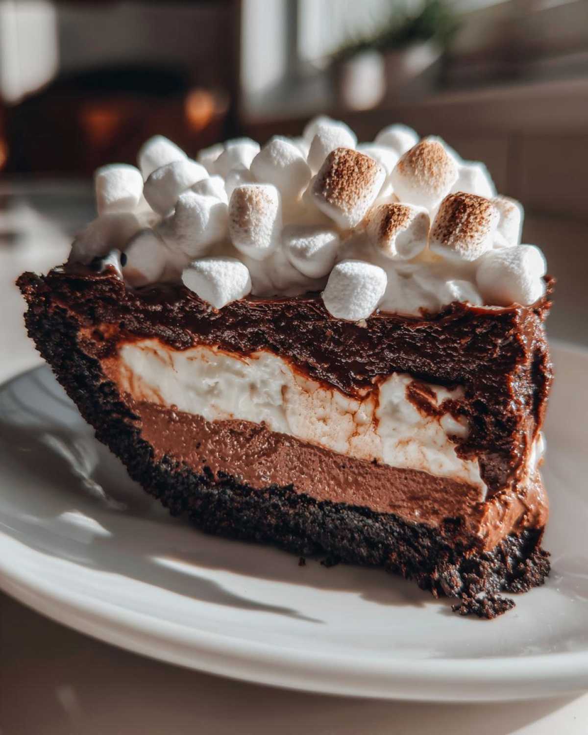 A decadent slice of 5-layer mud pie featuring chocolate layers and a topping of toasted mini marshmallows.