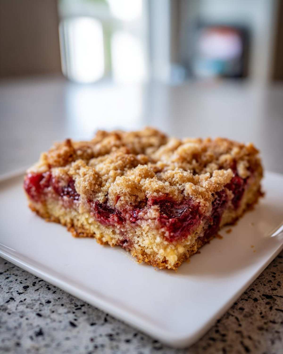 A close-up of a square slice of cherry dump cake with a crumb topping on a white plate.
