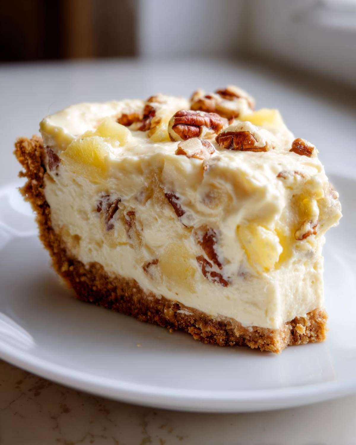 A thick slice of creamy million dollar pie with a graham cracker crust, topped with pecans and pineapple chunks.