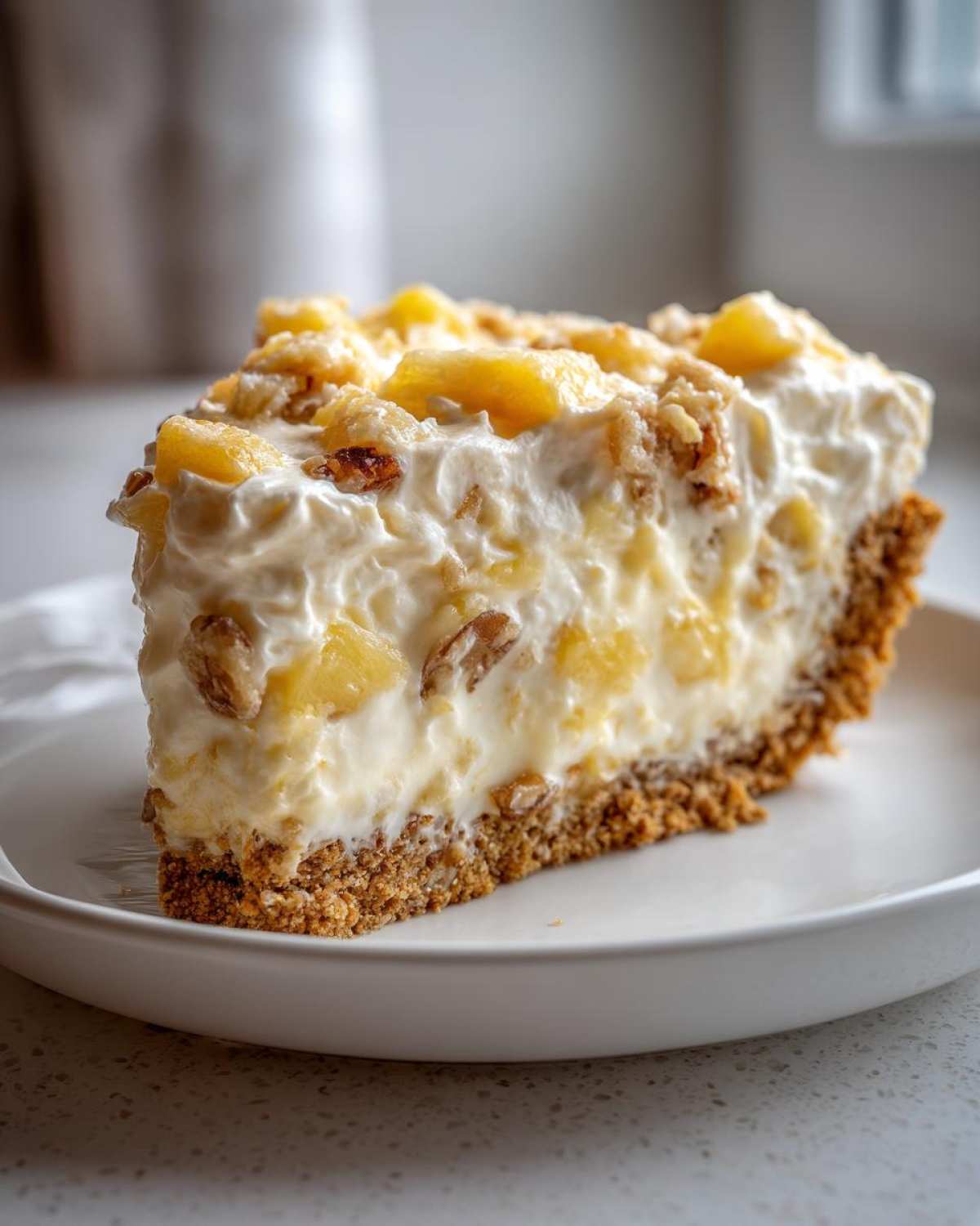 A thick slice of creamy million dollar pie featuring a graham cracker crust, pineapple chunks, and pecans.