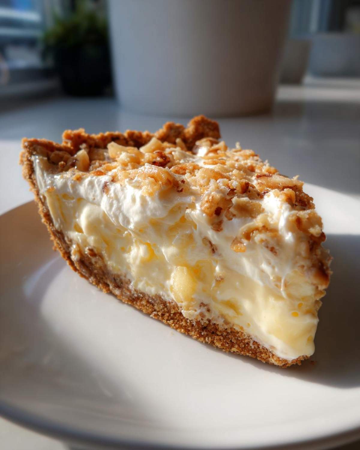 A close-up slice of rich million dollar pie showing the creamy filling, graham cracker crust, and toasted nut topping.
