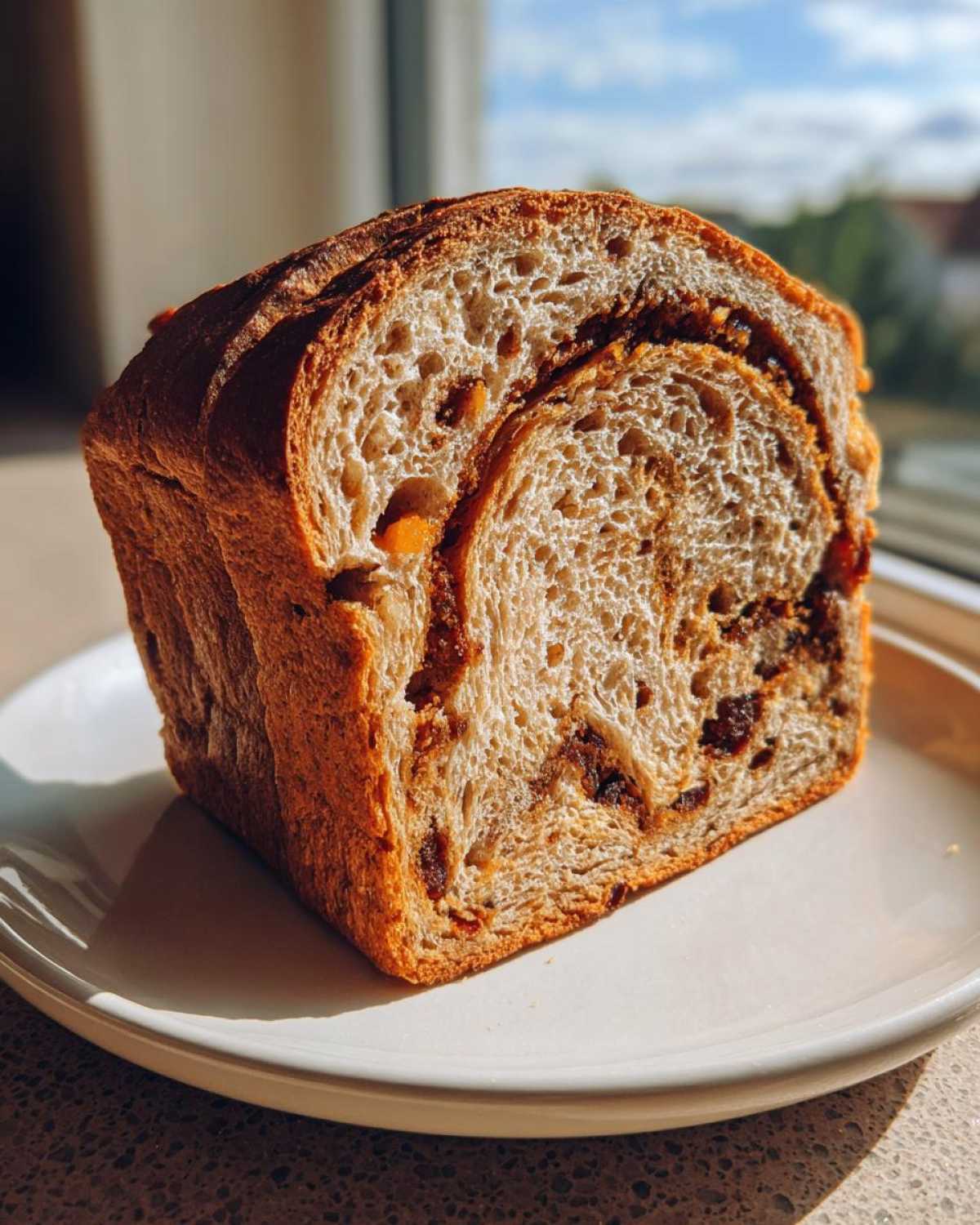 A thick slice of homemade raisin bread showing a swirl of cinnamon filling and plump raisins, sitting on a white plate.