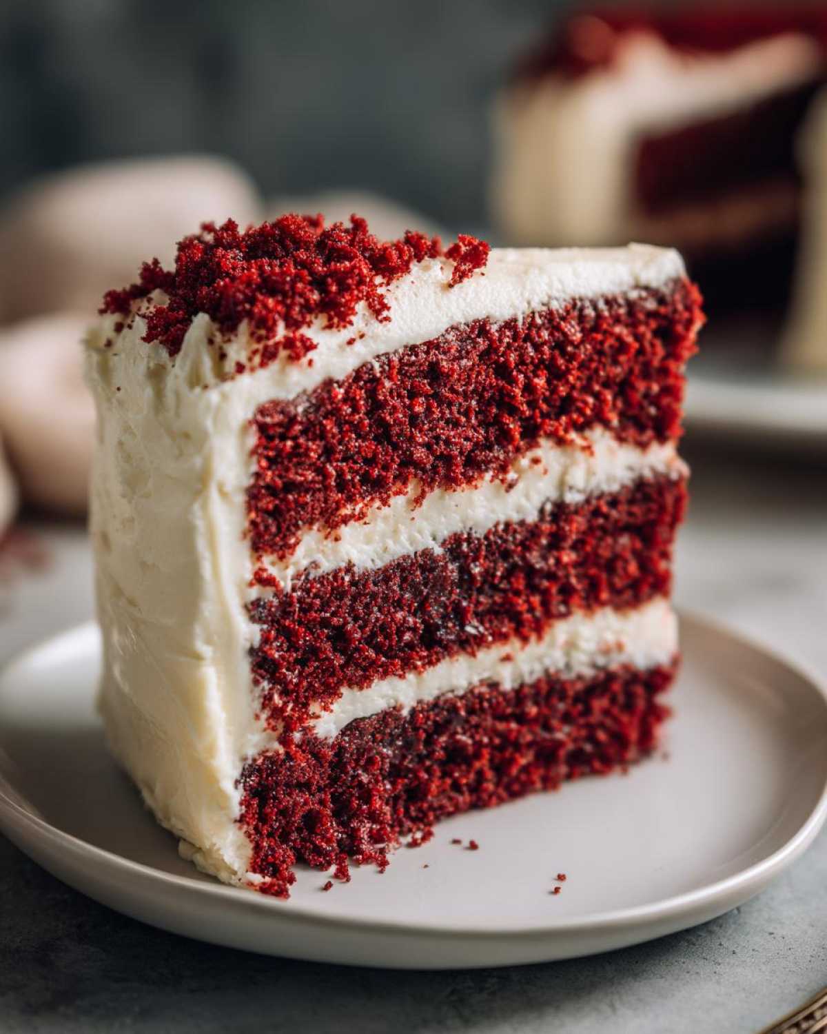 A decadent slice of three-layer red velvet cake with thick cream cheese frosting and red cake crumbs on top.