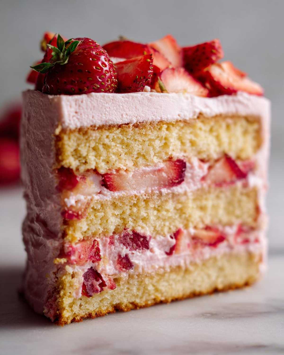 A tall, moist slice of strawberry cake showing three layers of yellow sponge, pink strawberry frosting, and fresh strawberry pieces.