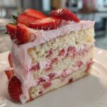 Close-up of a moist slice of strawberry cake with pink frosting and fresh strawberry slices on top.