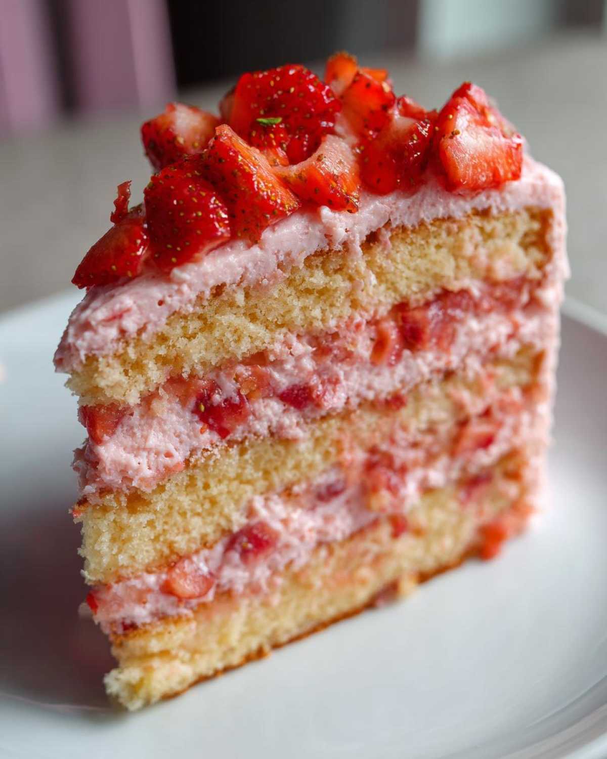 Close-up of a moist slice of strawberry cake with multiple layers of yellow sponge and pink strawberry cream filling, topped with fresh strawberries.