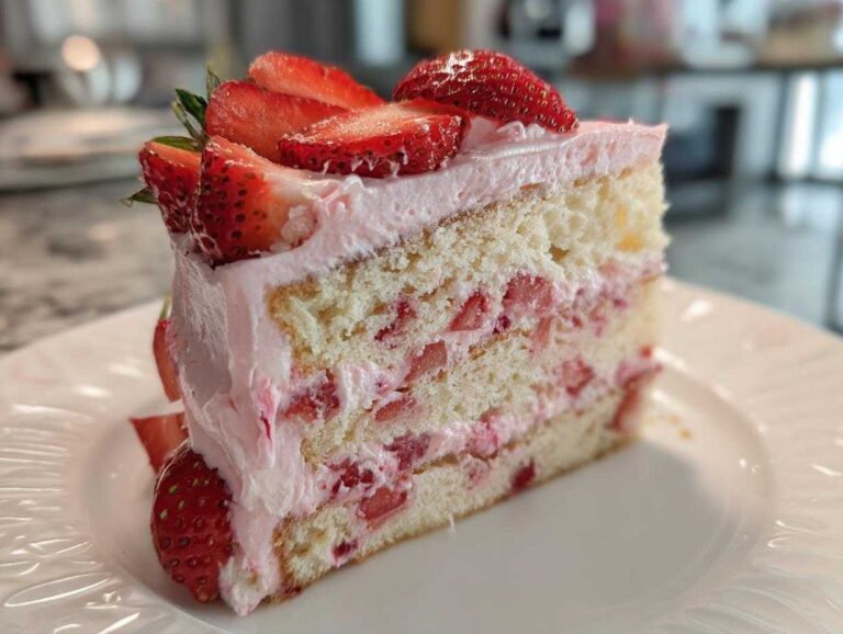 Close-up of a moist slice of strawberry cake with pink frosting and fresh strawberry slices on top.