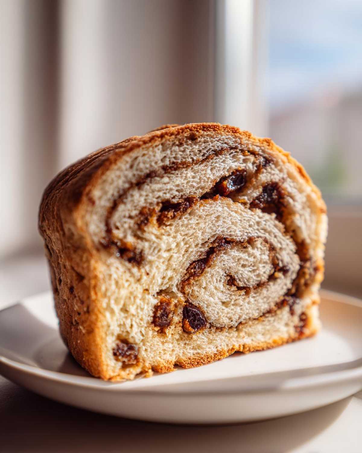 Close-up of a thick slice of homemade raisin bread showing a cinnamon swirl and plump raisins.
