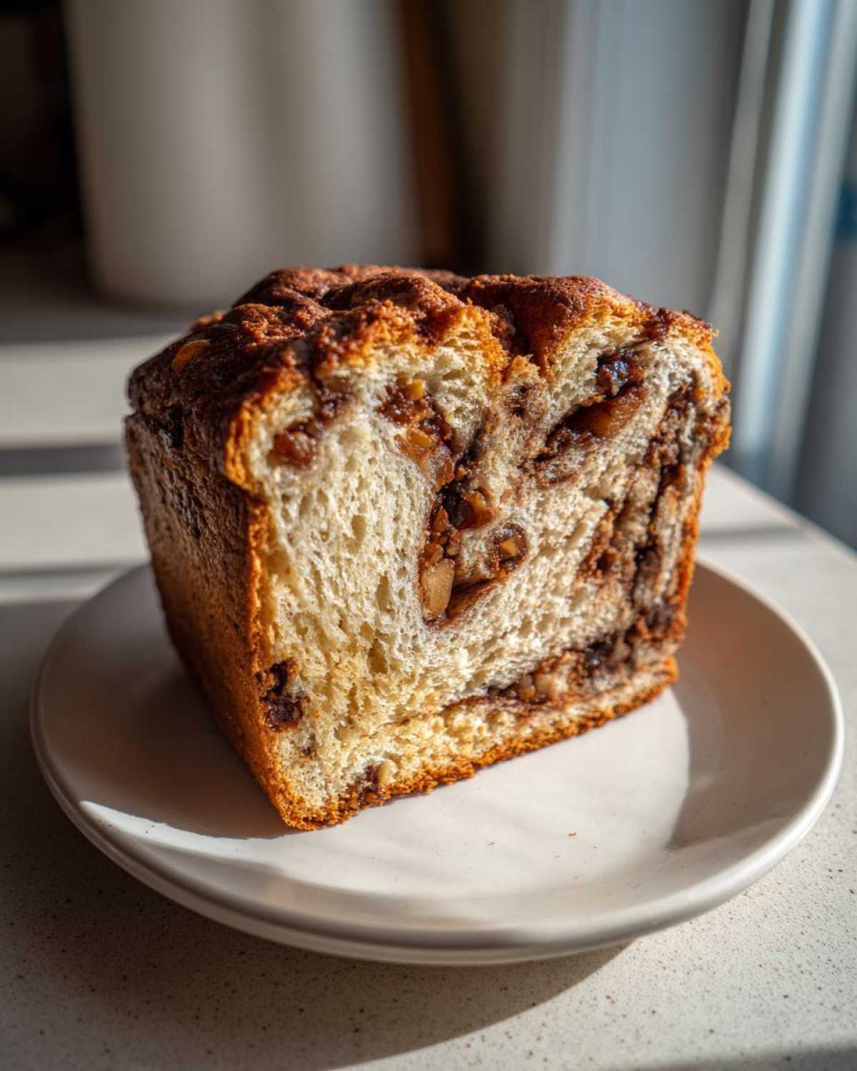A thick slice of homemade raisin bread showing a rich cinnamon swirl filling with nuts and raisins.