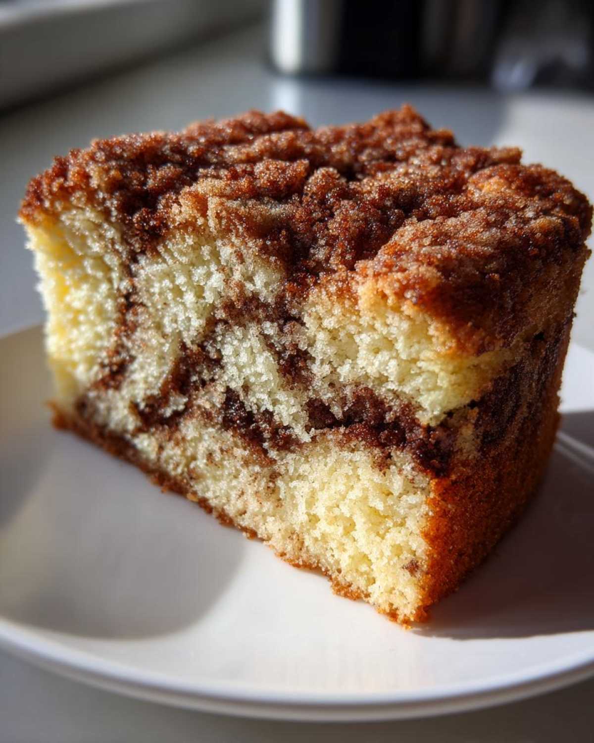 A close-up slice of moist sour cream coffee cake showing a light cake base marbled with dark cinnamon swirl and topped with crumbly streusel.