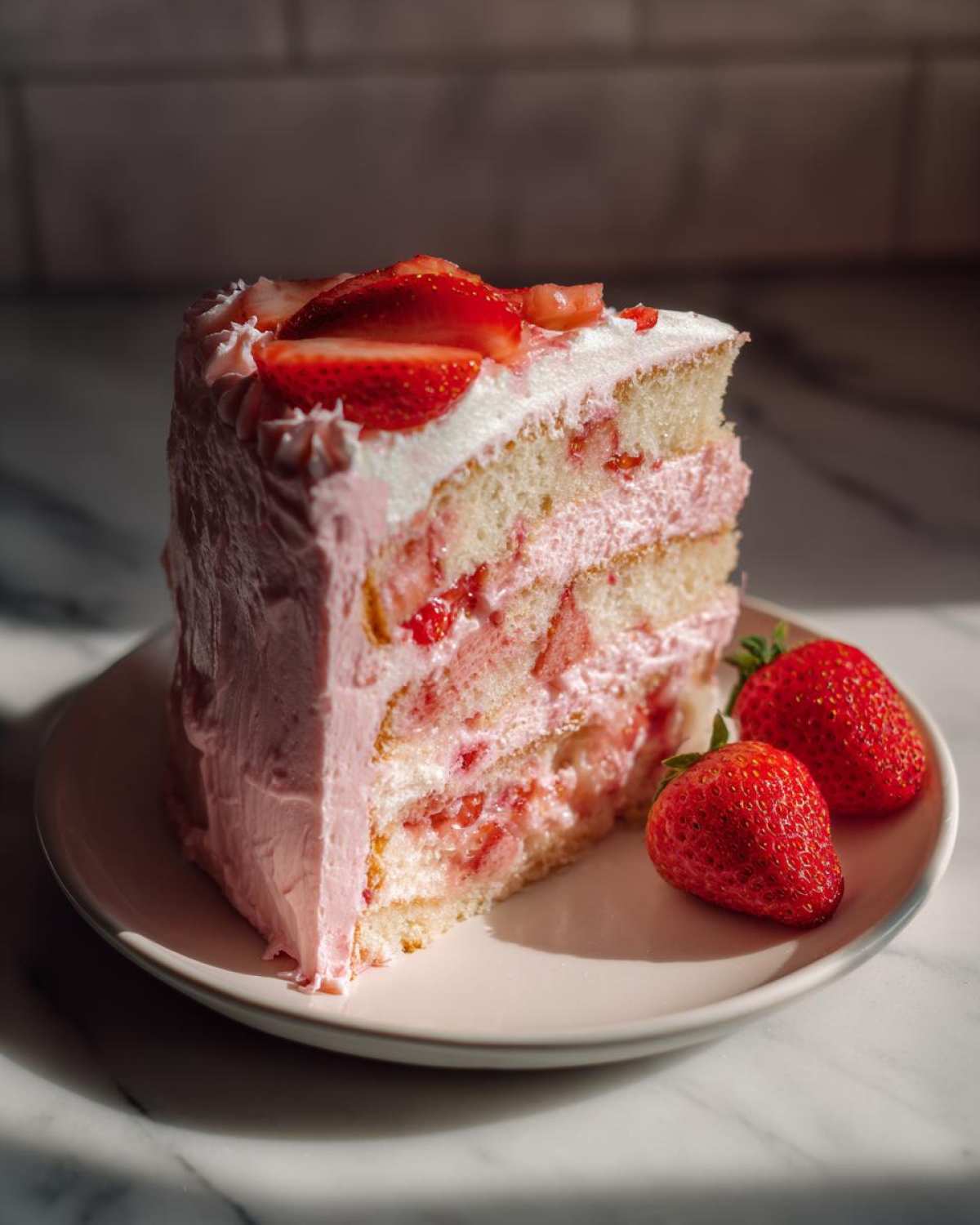 A tall slice of layered strawberry cake with pink frosting and fresh strawberries on a plate.
