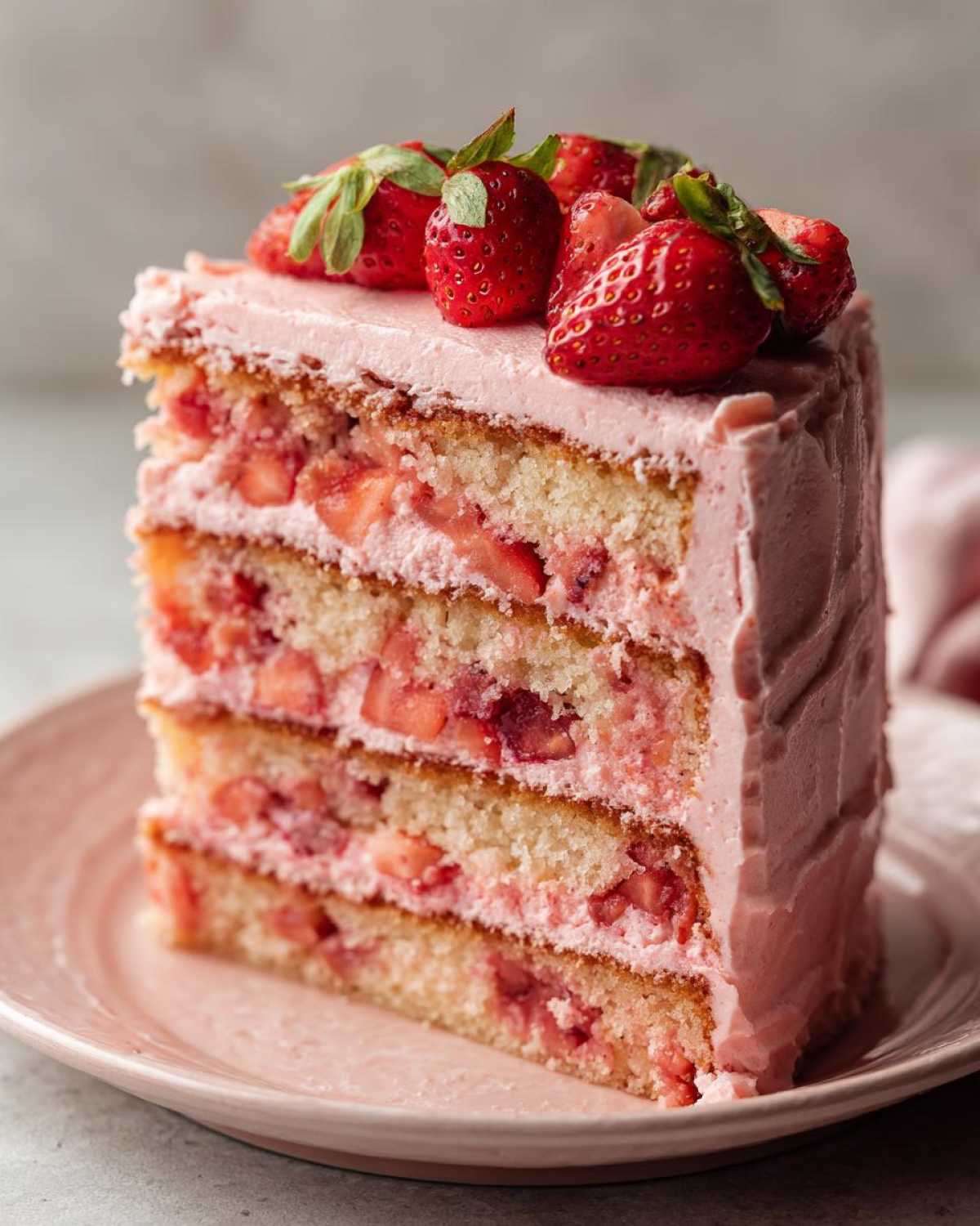 Close-up of a tall slice of strawberry cake with four layers, pink frosting, and fresh strawberries on top.