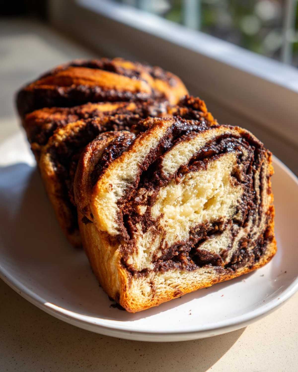 Close-up of thick slices of homemade chocolate babka showing the rich, dark chocolate swirl filling inside the golden bread.