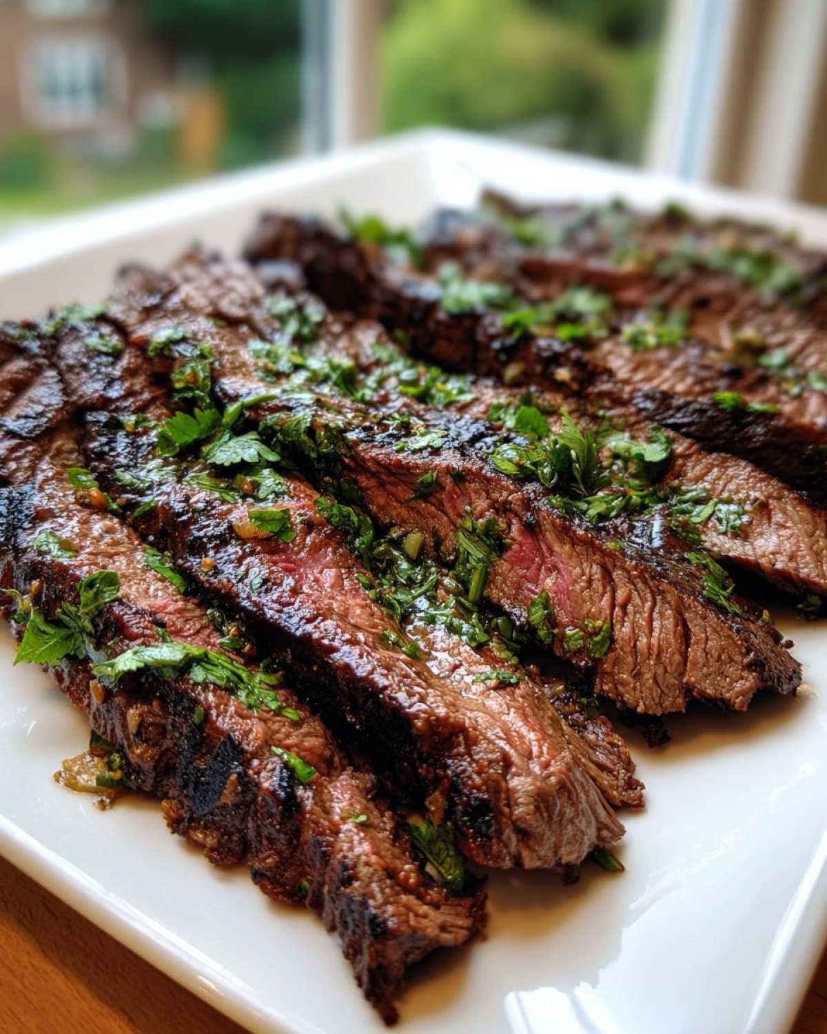 Close-up of sliced, grilled steak topped with fresh cilantro, showing the results of the carne asada marinade.